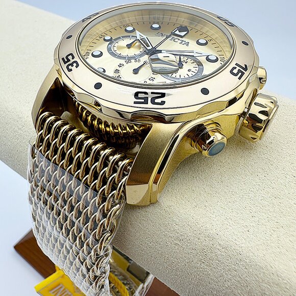 NEW Invicta Men's 48mm ProDiver Scuba Chronograph Watch Golden Dial SS Case Mesh - Picture 3 of 9